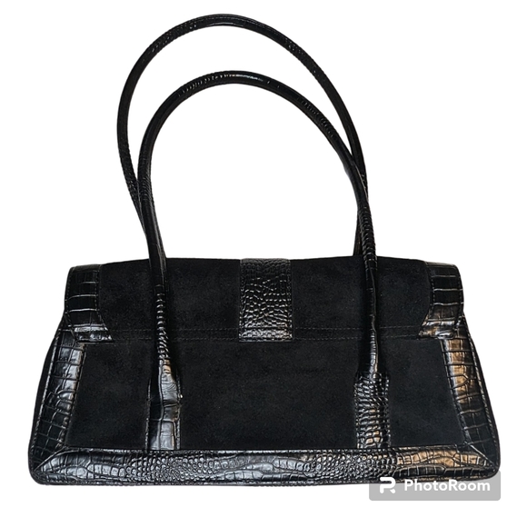 Ann Taylor Handbag Black Leather Suede  Double Handles Multiple Pockets A83 - Picture 2 of 14